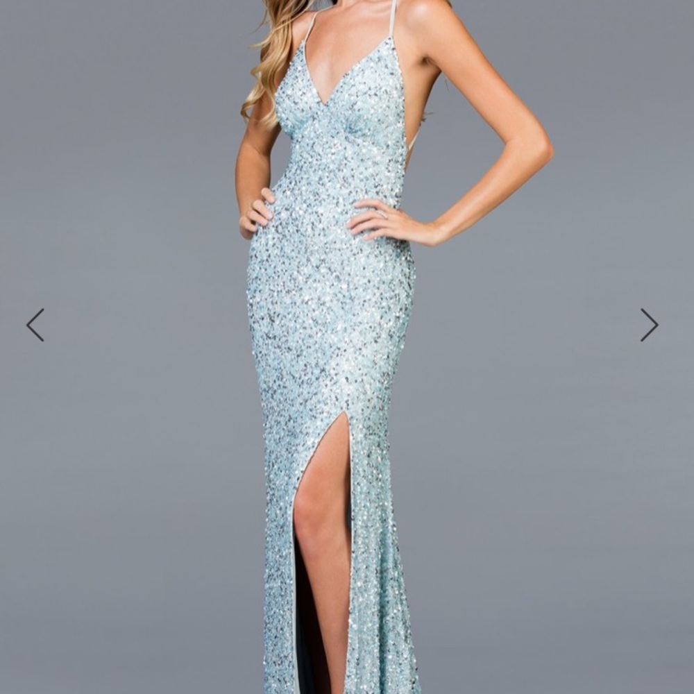 Scala 48938 Sequin Slit Gown in Light Blue